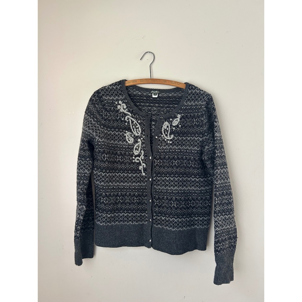Vintage Eddie Bauer Women's Gray Patterned Beaded Cardigan Sweater - Size Medium